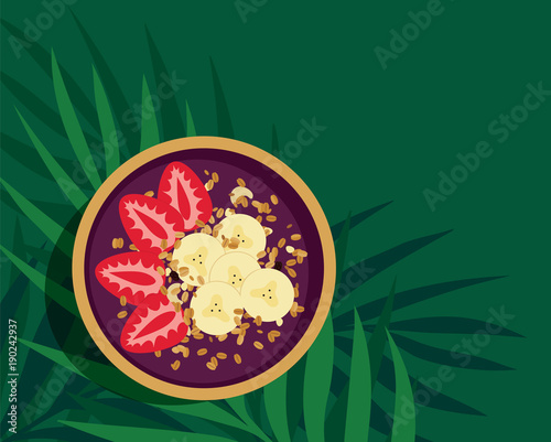 Tropical Acai Smoothie Bowl. Fruit energy bowl with strawberries, banana and granola topping. Refreshing and healthy meal over palm leaves on green background. Top view vector illustration