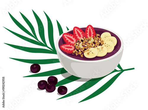 Power Summer Acai Bowl. Sweet and tropical fruit smoothie with strawberries, banana and granola topping. Healthy breakfast over palm leaf with açai berries on the side. Isolated vector illustration.