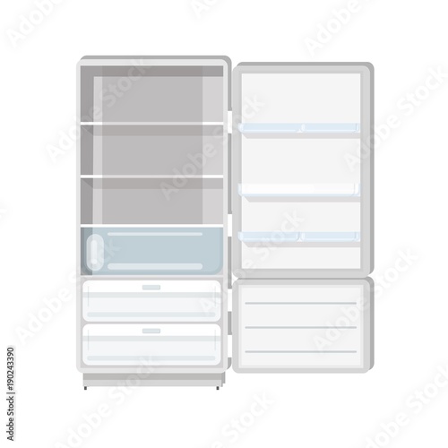 Empty refrigerator with opened door, shelves and trays isolated on white background. Fridge with freezer. Household or kitchen appliance for food cooling and storage. Flat vector illustration.