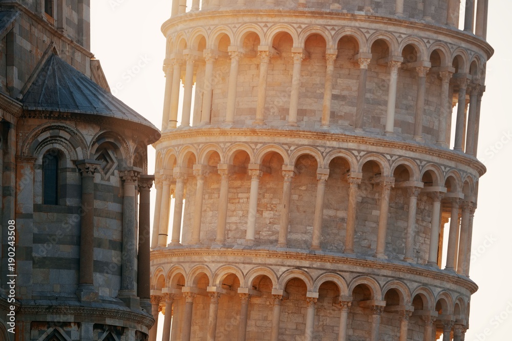 Leaning tower Pisa closeup at sunrise