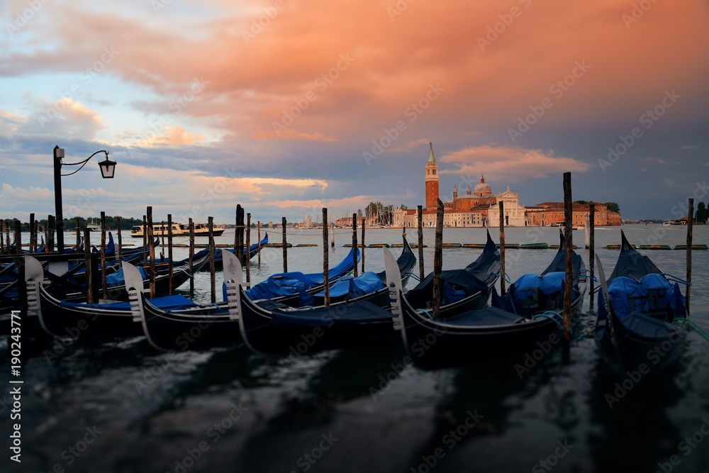 Gondola and San Giorgio Maggiore island sunrise