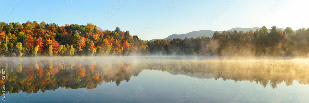 Lake Autumn Foliage fog - obrazy, fototapety, plakaty 