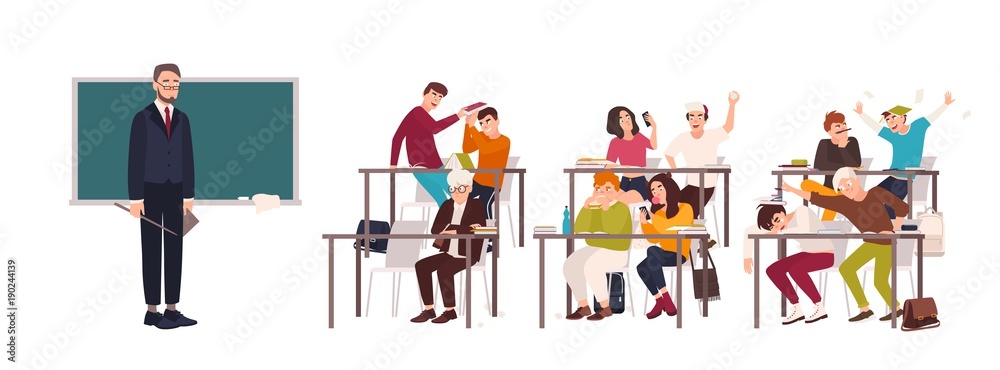 Students sitting at desks in classroom and demonstrating bad behavior - fighting, eating, sleeping, surfing internet on smartphone during lesson and teacher looking at them. Flat vector illustration.