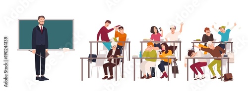 Students sitting at desks in classroom and demonstrating bad behavior - fighting, eating, sleeping, surfing internet on smartphone during lesson and teacher looking at them. Flat vector illustration.