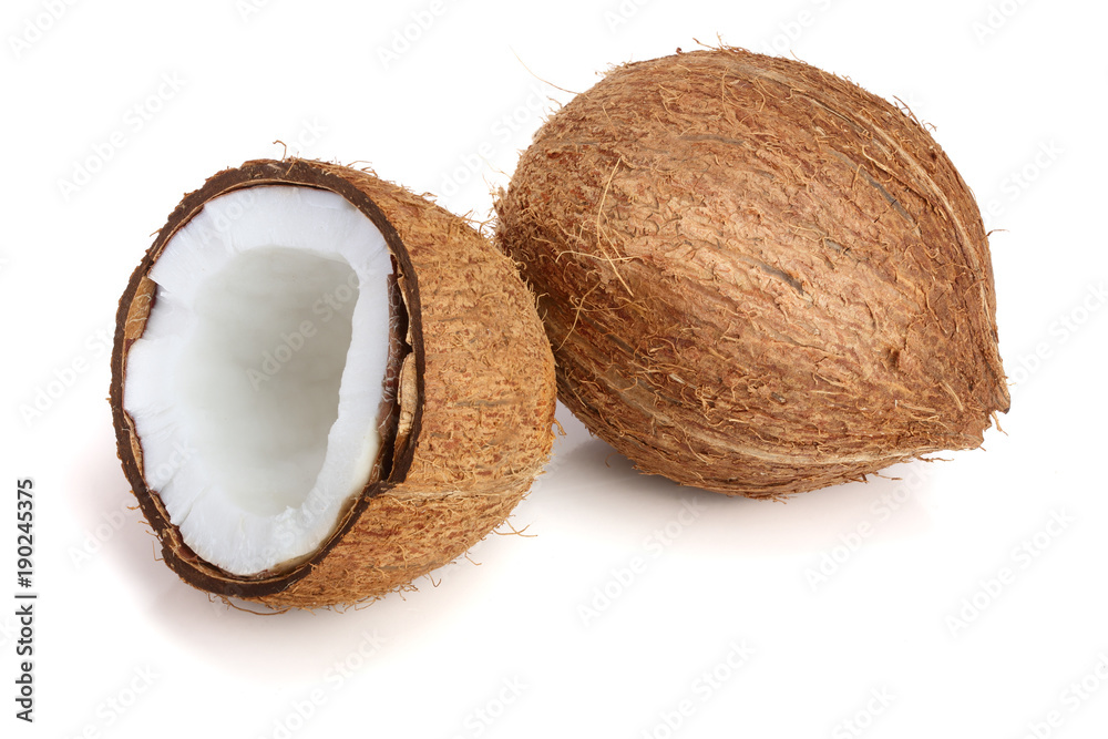 whole coconut and half isolated on white background whole coconut and half isolated on white background