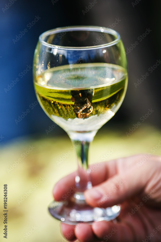 Reflection of kissing lovely couple in wine glass