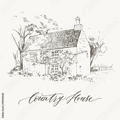Rural landscape with old farmhouse and garden. Hand drawn illustration. Vector design