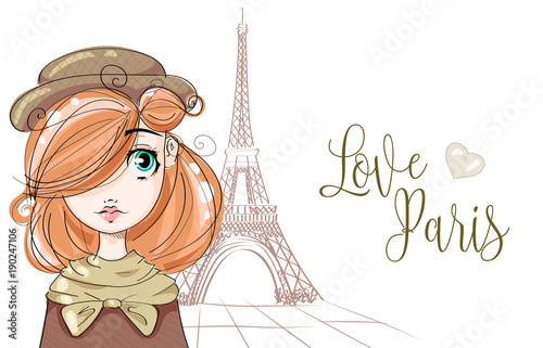 Cute girl near by the Eiffel Tower in Paris, romantic style fashion teenager portrait, autumn look young woman vector illustration