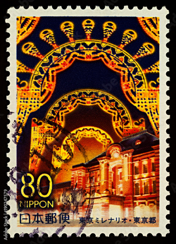 Illumination of Tokyo Station on postage stamp photo