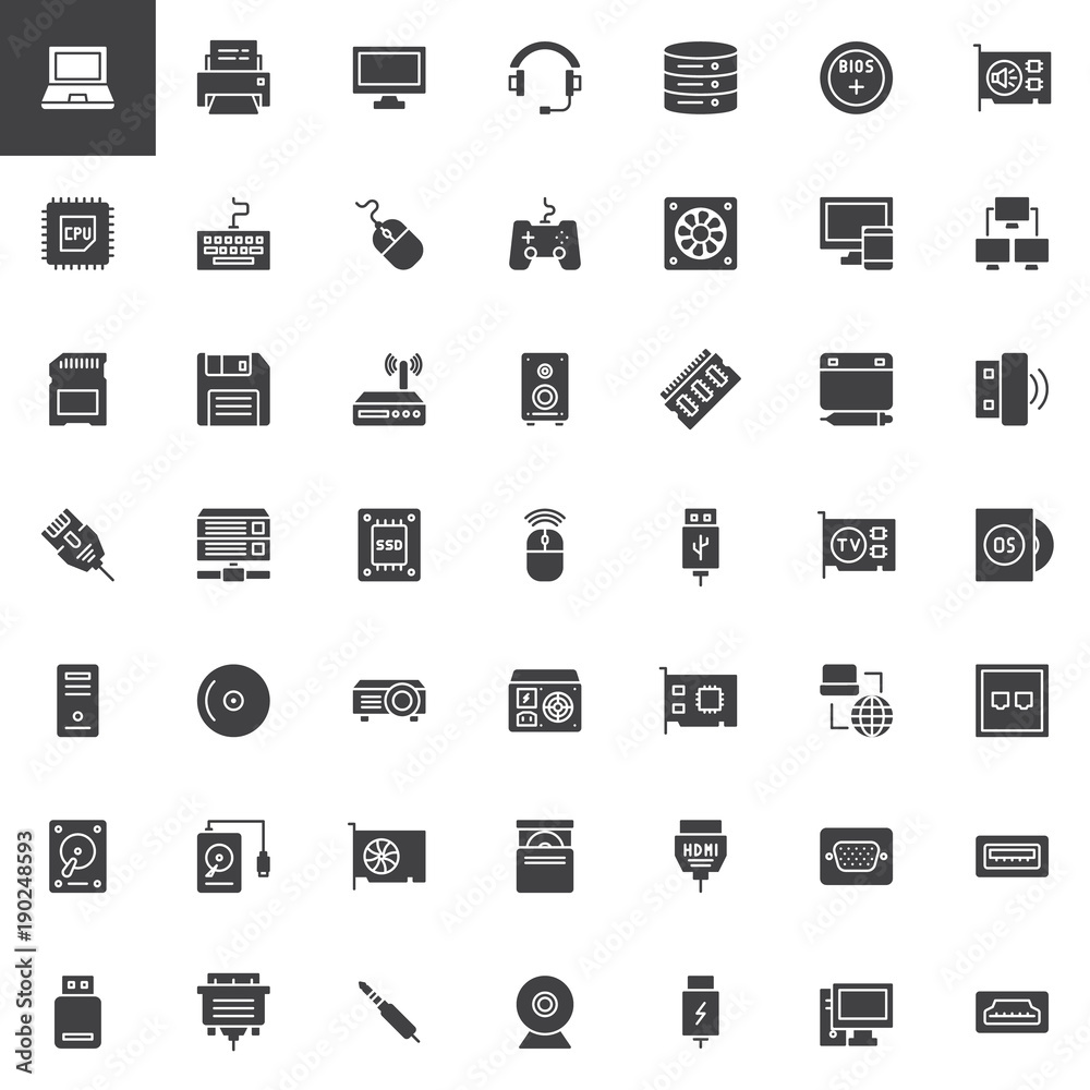 Computer components vector icons set, modern solid symbol collection, filled style pictogram pack. Signs, logo illustration. Set includes icons as laptop, hardware, monitor, mouse, keyboard, ssd