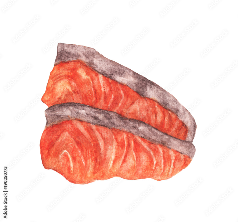 Watercolor hand drawn piece of red fish fillet, Fresh Salmon sashimi. Isolated fresh seafood illustration on white background Watercolor hand drawn piece of red fish fillet, Fresh Salmon sashimi. Isolated fresh seafood illustration on white background