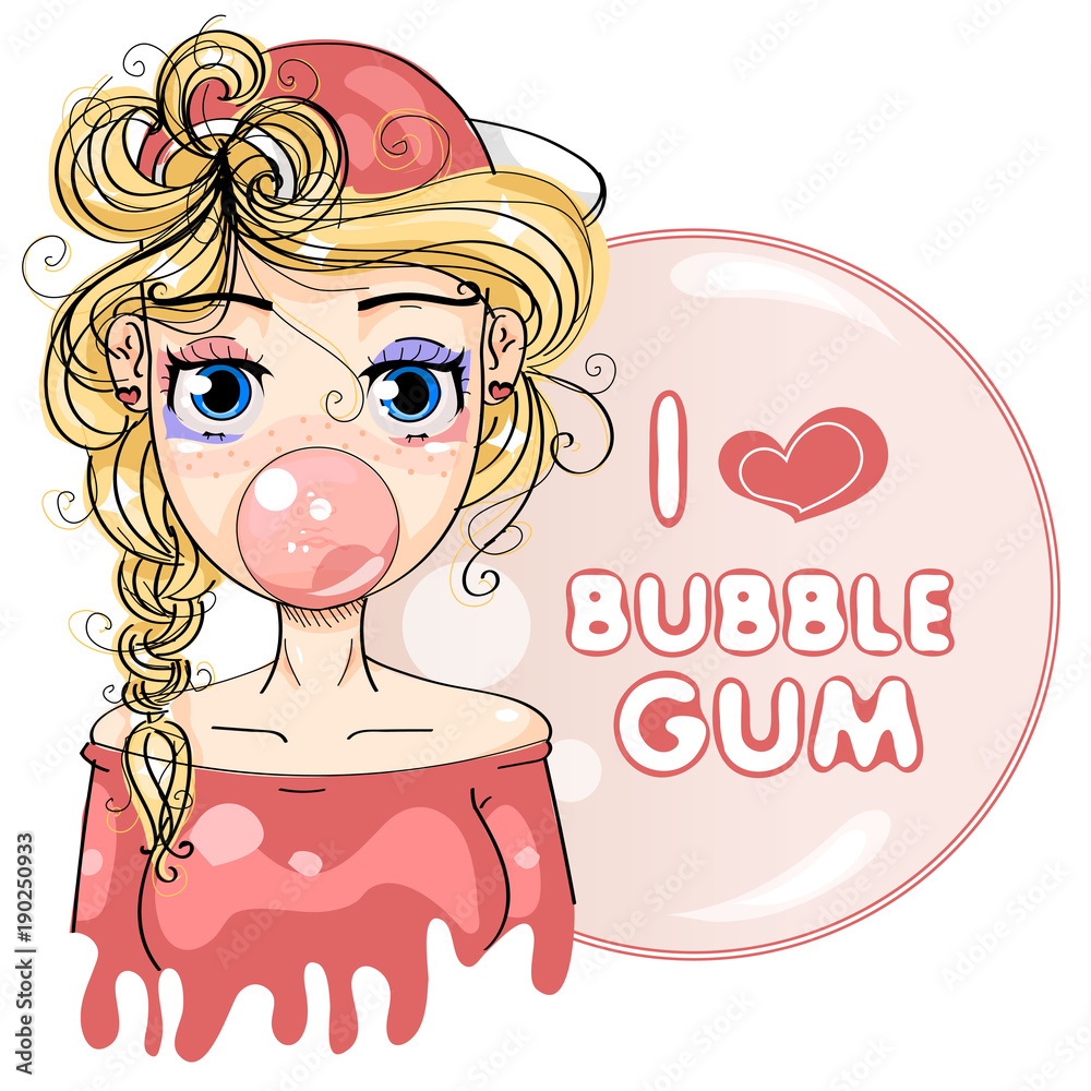 Stockvektorbilden Super cute fashion cartoon girl with bubble gum