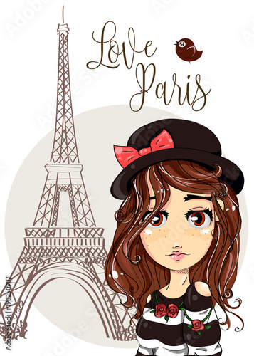 Cute cartoon girl near by the Eiffel Tower in Paris, romantic style fashion teenager portrait, brunette young woman vector illustration