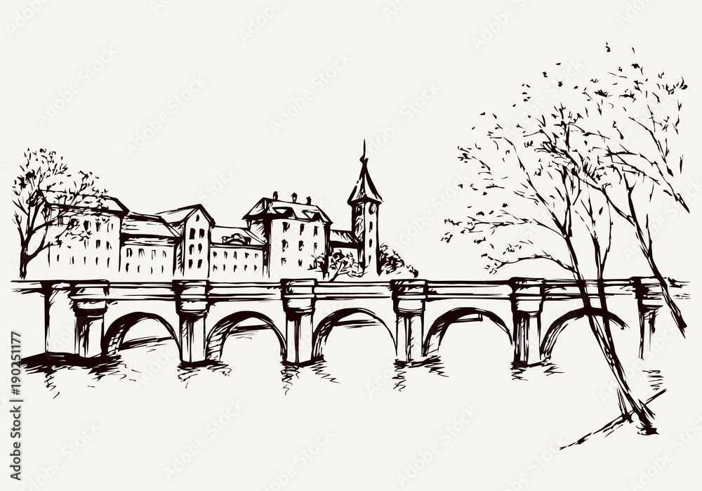 Cityscape with bridge over river. Vector drawing