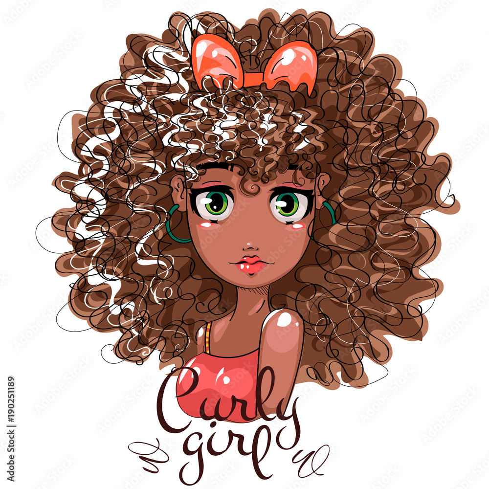 Cute Afro girl with curly hair, beauty fashion girl portrait, cartoon  character, hand drawn vector illustration Stock Vector | Adobe Stock