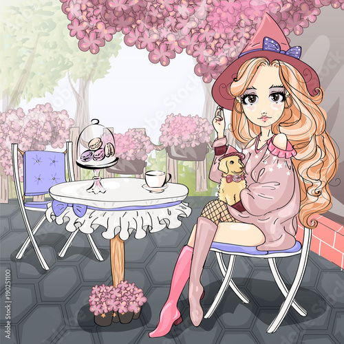 Cute girl sitting in Paris cafe on the terrace with purple lilac, romantic style fashion teen girl with little dog, young woman vector illustration