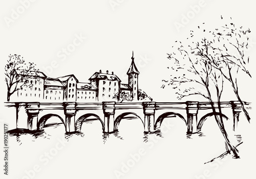 Cityscape with bridge over river. Vector drawing