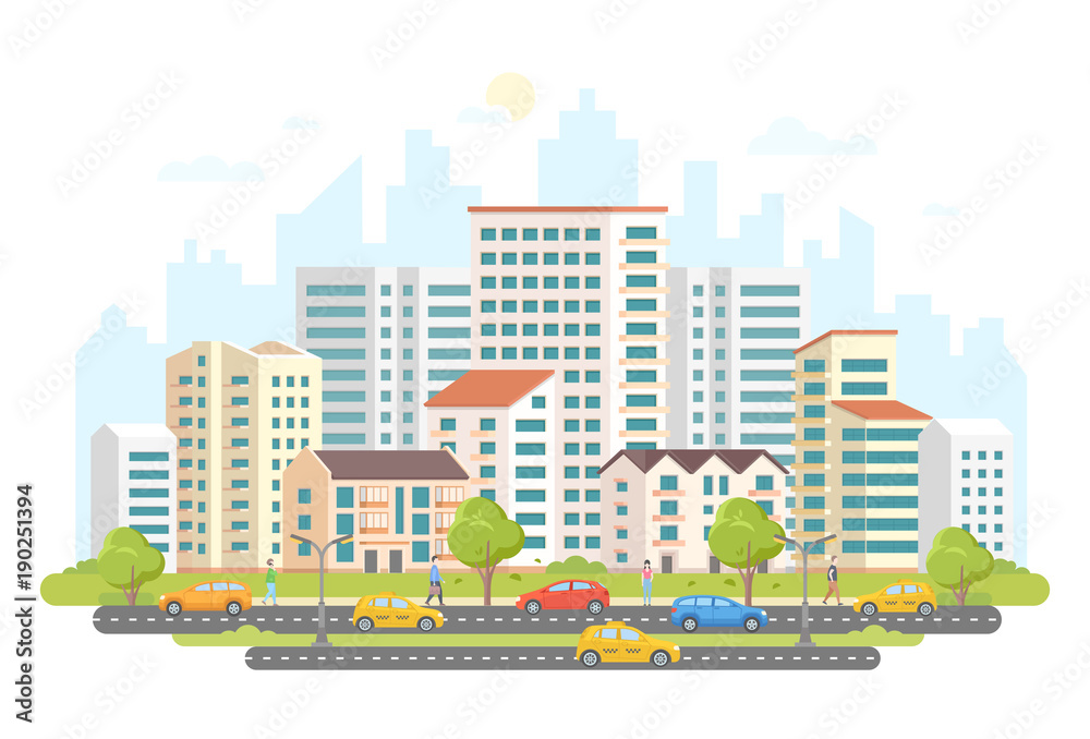 Busy street life - modern colorful flat vector illustration