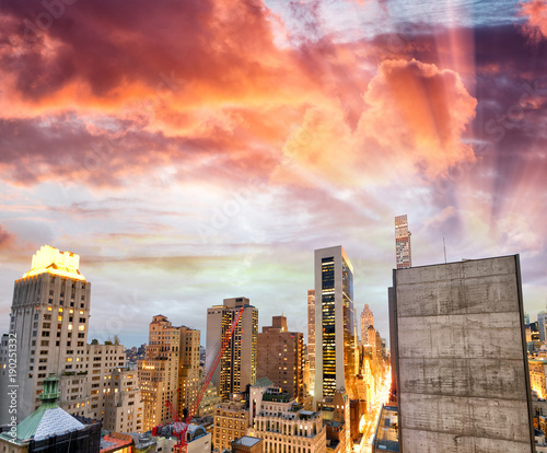 Aerial view of New York Manhattan skyline at sunset