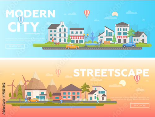 Streetscape - set of modern flat vector illustrations