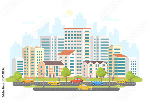 Busy street life - modern colorful flat vector illustration