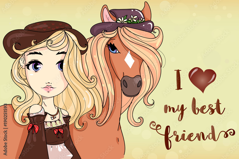 Cute girl with horse, I love my best friend text phrase, cartoon character  hand drawn kids style, beautiful fashion girl vector illustration Stock  Vector | Adobe Stock