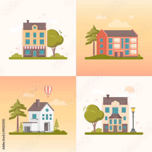 Nice buildings - set of modern flat design style vector illustrations