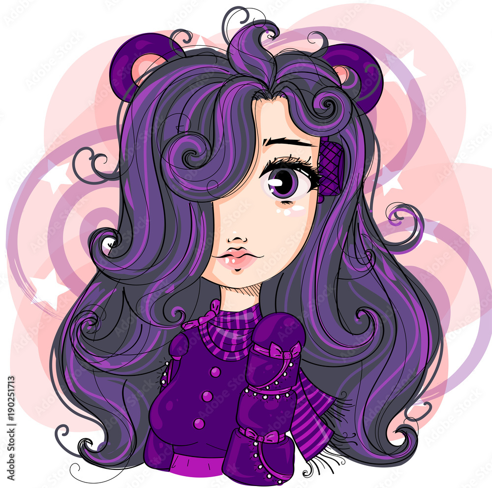 Cute little girl with mouse ears, purple hair cartoon character anime style  comics girl portrait, young fashion woman vector illustration Stock Vector  | Adobe Stock