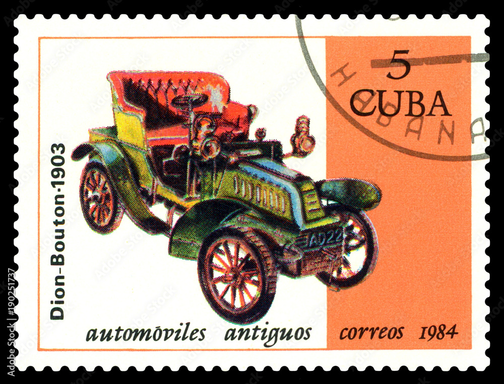 Postage stamp. Antique car Dion-Bouton 1903.