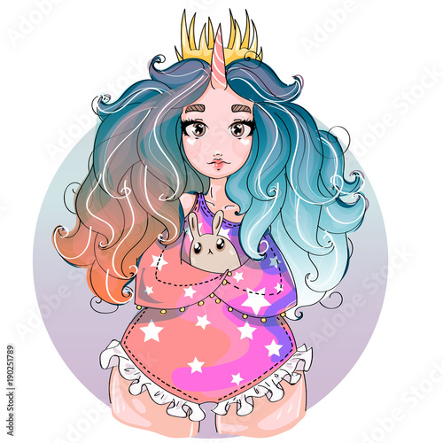 Cute little unicorn princess chubby girl with bunny, children vector illustration
