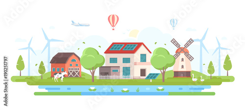 Eco-friendly farm with pond - modern flat design style vector illustration