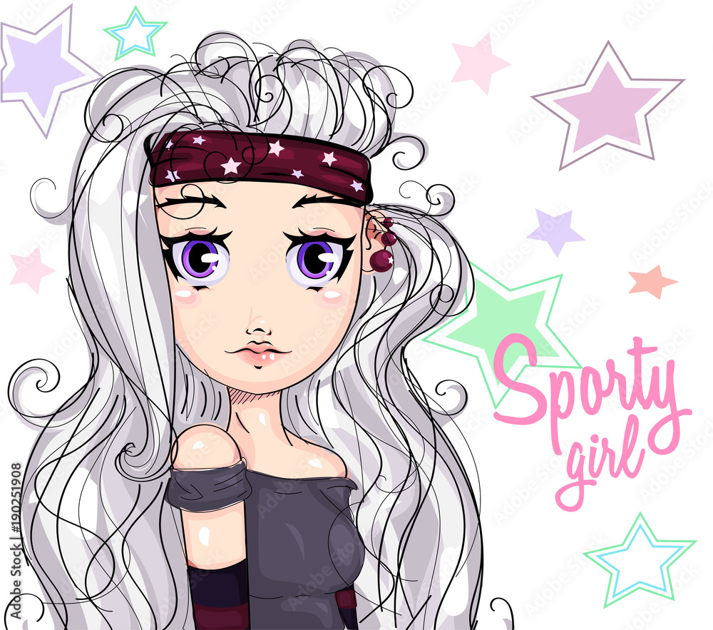 Cute Sporty Girl Cartoon Character Portrait Young Fitness Fashion Woman On Stars Background Vector Illustration Stock Vector Adobe Stock