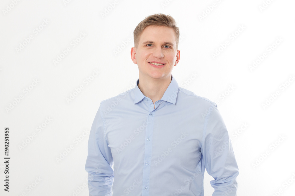 Businessman in stylish template and blank shirt isolated. Man on white background. Copy space, mock up.