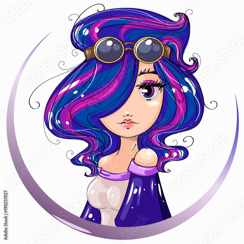 Steampunk style cute girl portrait, aviator woman cartoon character with blue and pink hair, hand drawn vector illustration