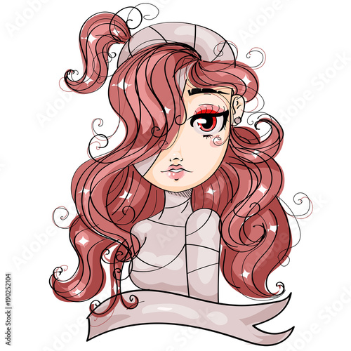 Vampire cartoon girl character with red eyes, cute vamp style kid fashion portrait, vector illustration