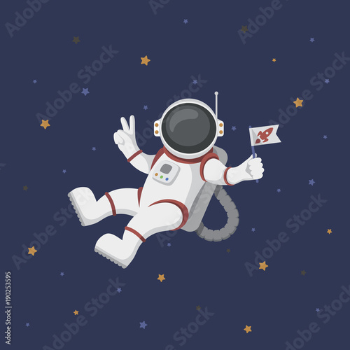 Foto Funny flying astronaut in space with stars around