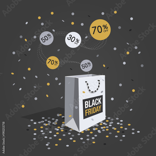 Special offer black friday discount symbol with white shopping bag, flying labels and confetti isolated on dark background. Easy to use for your design with transparent shadows.