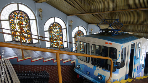 Ancient Kiev funicular 1905. Interior of the upper station with a trailer and colorful stained-glass windows. photo