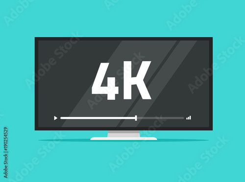 Flat screen tv with 4k Ultra HD video technology vector illustration, led television display with high definition digital tech symbol, idea of wide screen computer monitor, flat cartoon