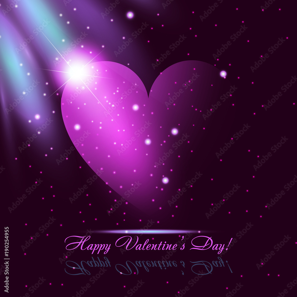 Abstract background with neon pink heart and blue rays on dark purple color. Design for Valentine's Day party flyers. Vector illustration. Abstract background with neon pink heart and blue rays on dark purple color. Design for Valentine's Day party flyers. Vector illustration.