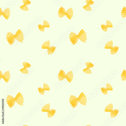 Seamless pattern with yellow farfalle rigatte on light background. Italian macaroni. Traditional cuisine