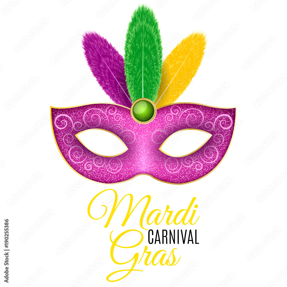 Mask for Mardi Gras carnival. Luxurious mask with colorful feathers on a white background. Yellow text. Festive poster, template. Vector Mask for Mardi Gras carnival. Luxurious mask with colorful feathers on a white background. Yellow text. Festive poster, template. Vector