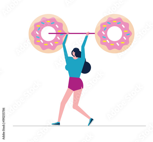 Woman doing shoulder press exercise with a Donut weight bar. Abstract exercise concept. flat vector illustration