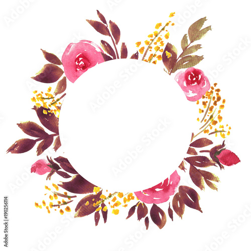 Watercolor roses circle frame. Floral composition in pink and purple