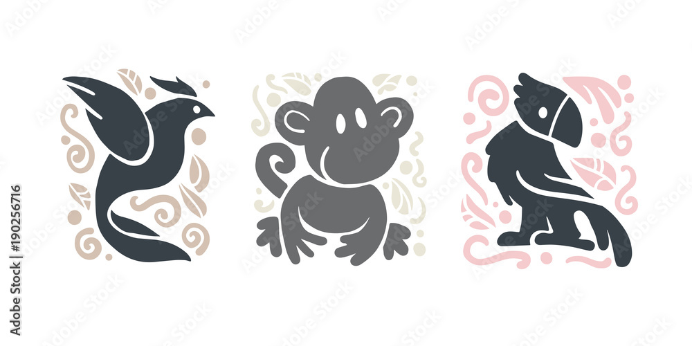 Vector flat cute funny hand drawn animal silhouette isolated on white background - dove, monkey and parrot.  Perfect for children goods store logo insignia, kid clothes and accessory prints, zoo logo.