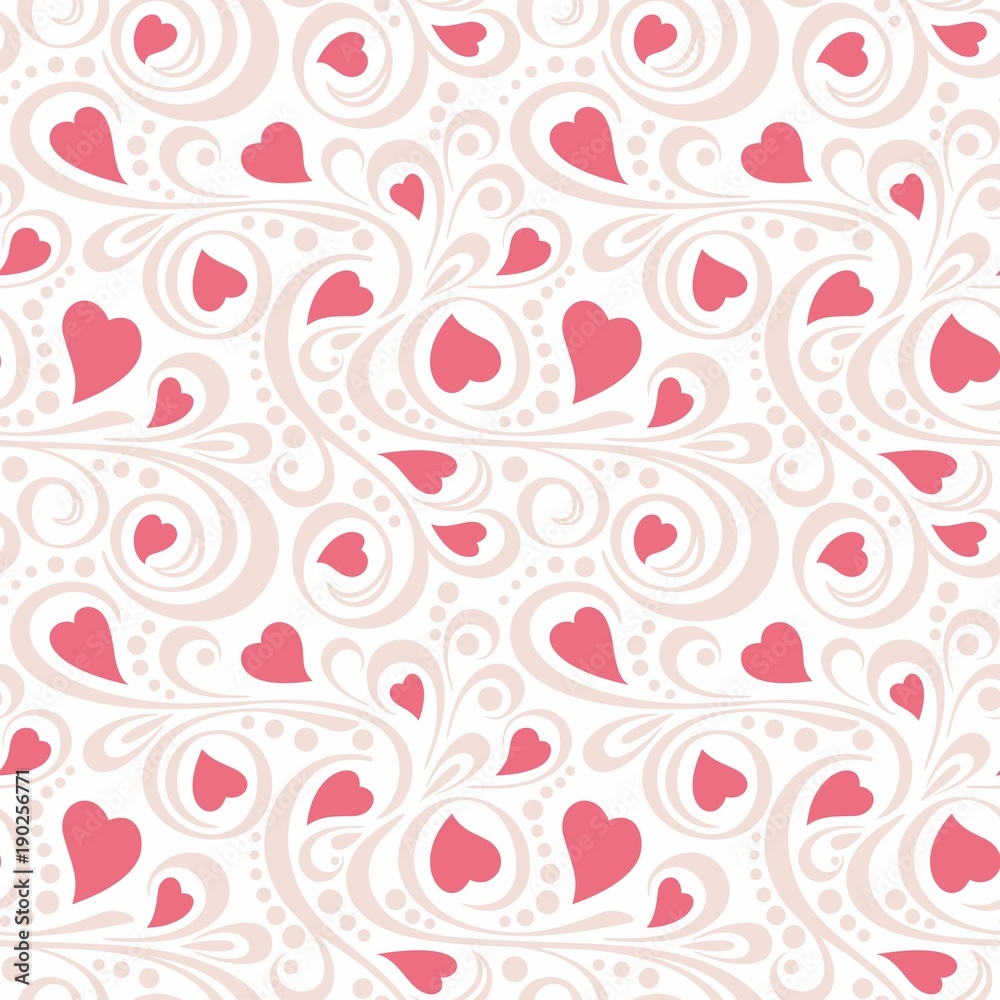 Abstract pattern with hearts and swirls on white