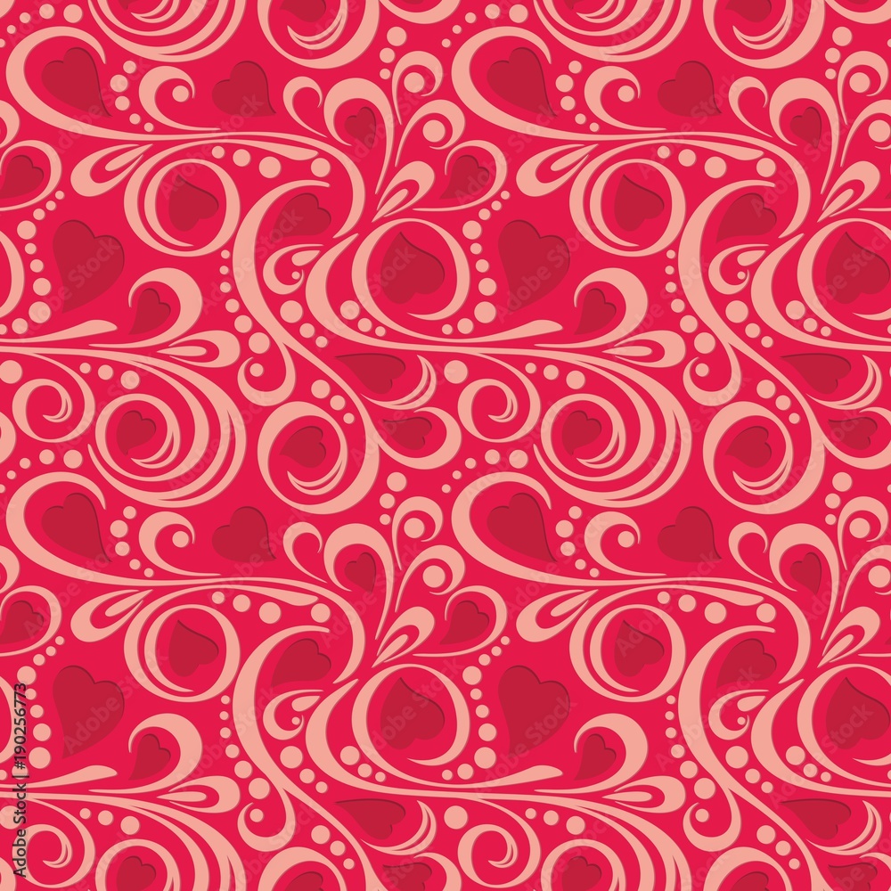 Abstract pattern with red hearts and swirls	