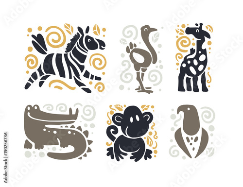 Vector flat cute funny hand drawn animal silhouette isolated on white background - zebra, ostrich, giraffe, crocodile, monkey and eagle. Perfect for children toys store logo, kid clothes and accessory