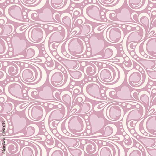 Abstract pattern with pink hearts and white swirls on pink