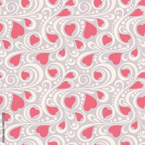 Abstract pattern with hearts and swirls on grey